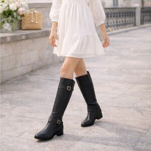 LRL Black Leather Tall Riding Boots Quilted Buckle Chic Luxe 7B